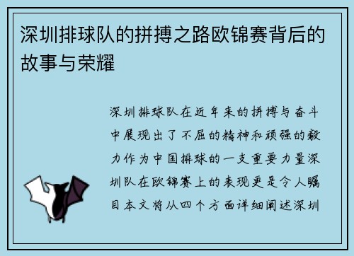 深圳排球队的拼搏之路欧锦赛背后的故事与荣耀